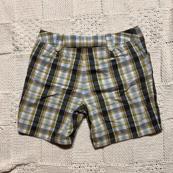 Y2K Banana Republic “Martin” Teal & Tan Plaid Shorts - Picture 2 of 5